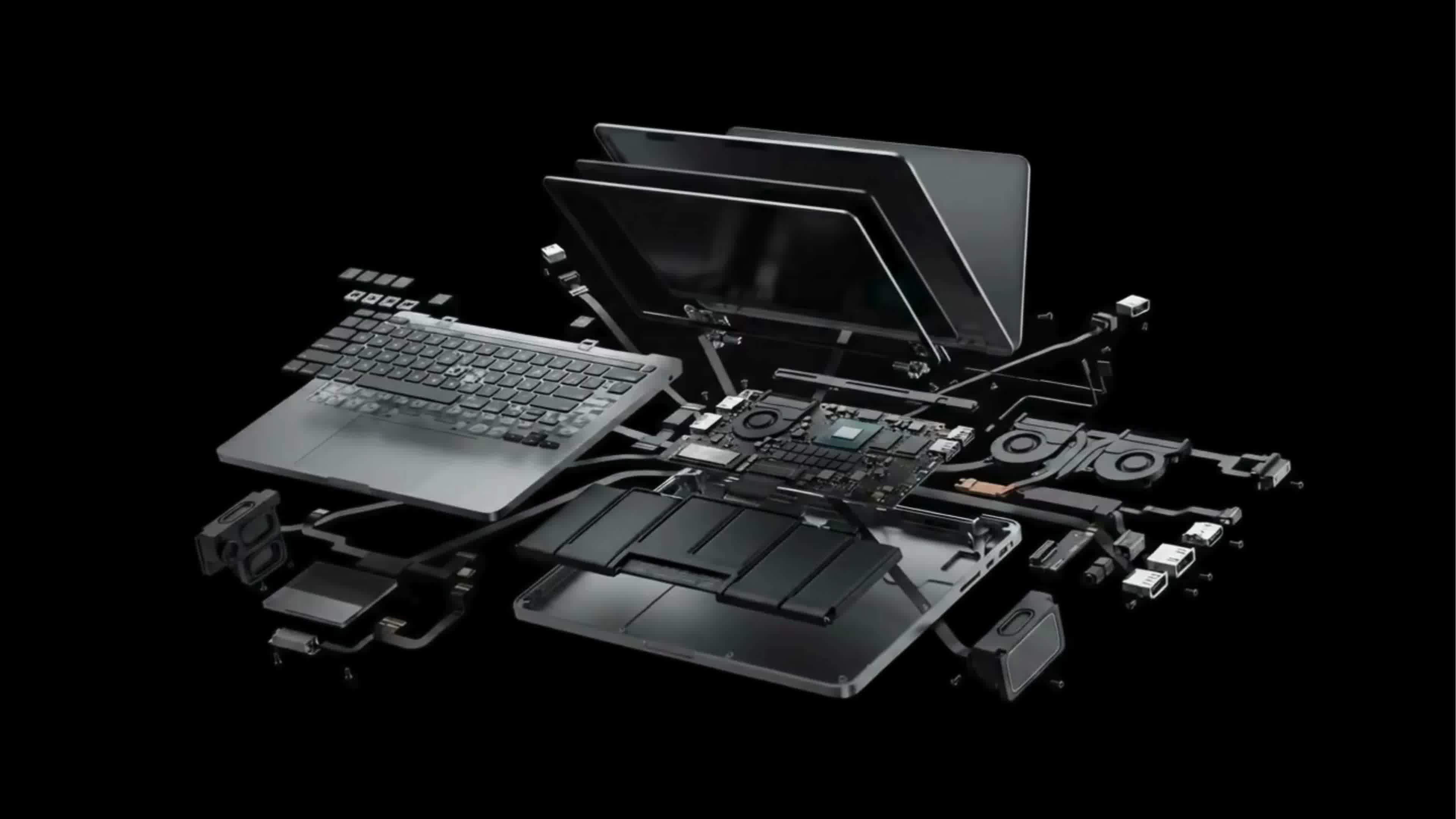 Exploded view of a laptop showing engineered components
